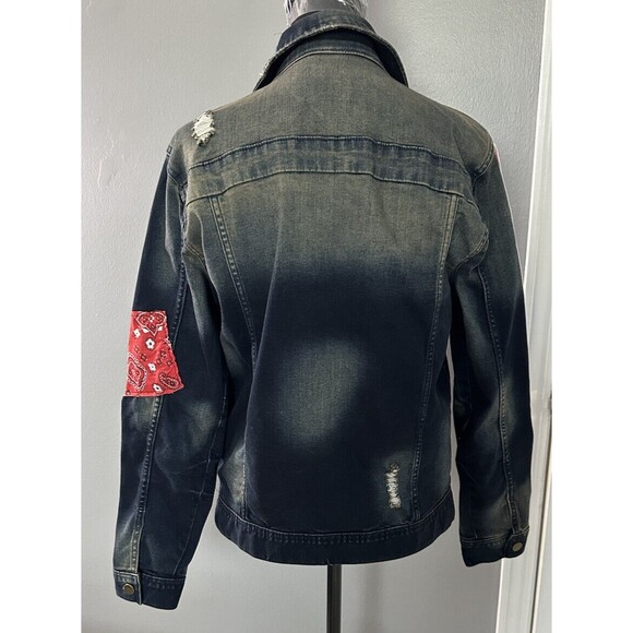 ROCKSTAR ORIGINAL Distressed Full Zip Patchwork Denim Jean Jacket Size Small EUC - Picture 4 of 7